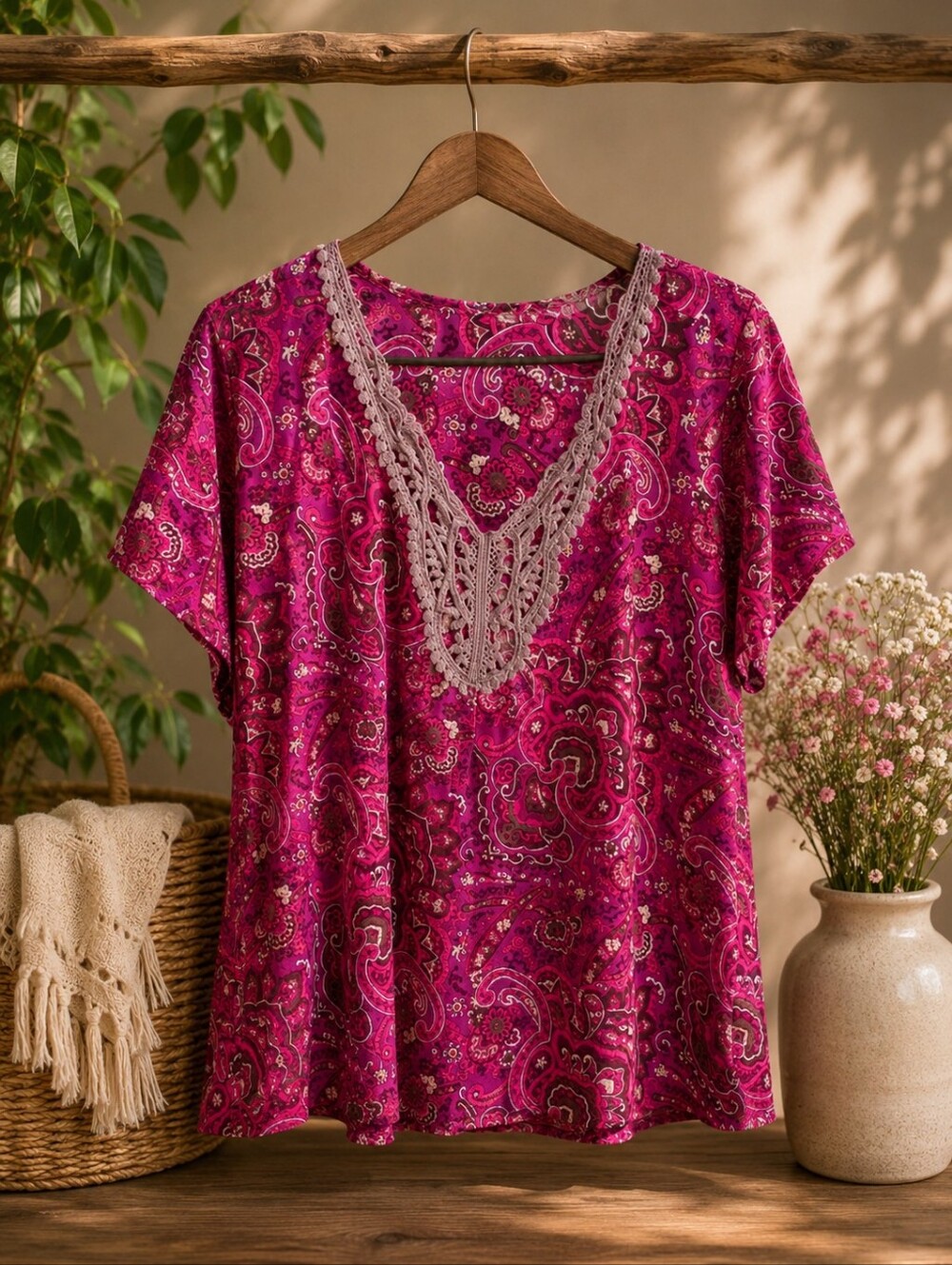 a.n.a Fuchsia Paisley Crochet-Trim Short Sleeve Tunic